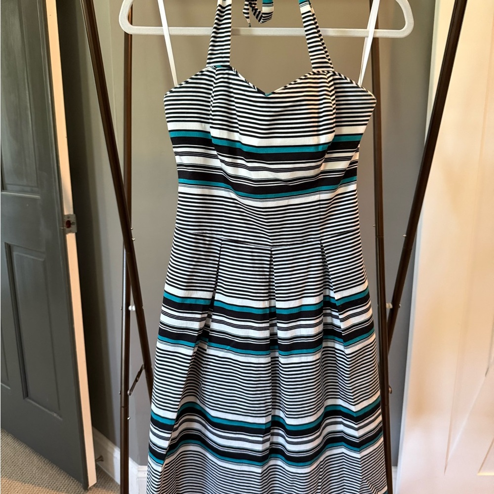 White House Black Market Strapless Dress - Black, White, Teal Stripes